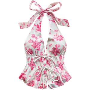 imageMakeMeChic Womens Floral Print Halter Top Shirred Lettuce Trim Knot Front Summer ShirtPink