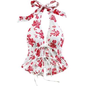 imageMakeMeChic Womens Floral Print Halter Top Shirred Lettuce Trim Knot Front Summer ShirtRed and White