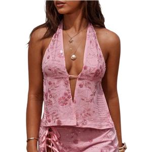 imageMakeMeChic Womens Floral Sequin Halter Top Tie Backless Slim Fitted Summer Crop TopsLight Pink