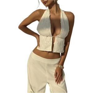 imageMakeMeChic Womens Floral Textured Halter Top Sleeveless Tie Back Elegant Cami Crop TopsApricot