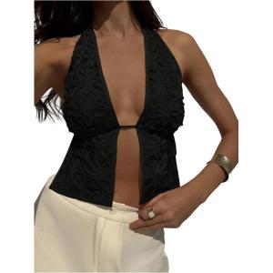imageMakeMeChic Womens Floral Textured Halter Top Sleeveless Tie Back Elegant Cami Crop TopsBlack