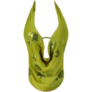 imageMakeMeChic Womens Floral Textured Halter Top Sleeveless Tie Back Elegant Cami Crop TopsGreen