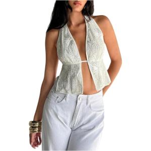 imageMakeMeChic Womens Floral Textured Halter Top Sleeveless Tie Back Elegant Cami Crop TopsWhite B