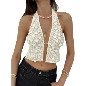 imageMakeMeChic Womens Floral Textured Halter Top Sleeveless Tie Back Elegant Cami Crop TopsWhite C