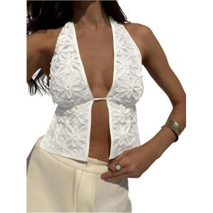 imageMakeMeChic Womens Floral Textured Halter Top Sleeveless Tie Back Elegant Cami Crop TopsWhite a