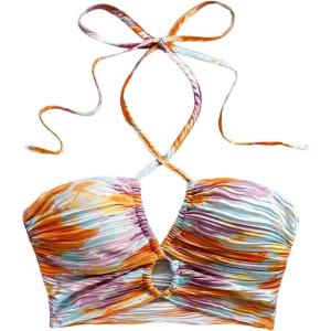 imageMakeMeChic Womens Floral Tie Dye Halter Top Ruched Criss Cross Cut Out Boho Crop TopsMulticolor