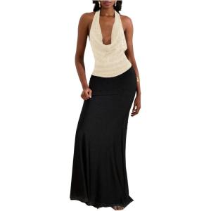 imageMakeMeChic Womens Going Out Tops Sexy Deep V Cowl Neck Blackless Sequin Halter TopApricot