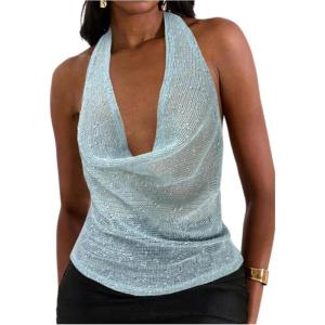 imageMakeMeChic Womens Going Out Tops Sexy Deep V Cowl Neck Blackless Sequin Halter TopBlue