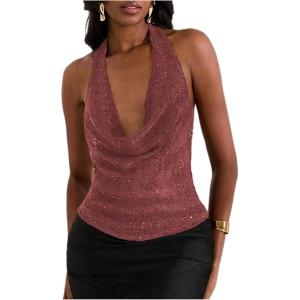 imageMakeMeChic Womens Going Out Tops Sexy Deep V Cowl Neck Blackless Sequin Halter TopCoral Pink