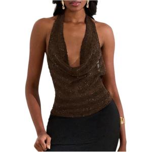 imageMakeMeChic Womens Going Out Tops Sexy Deep V Cowl Neck Blackless Sequin Halter TopMocha Brown