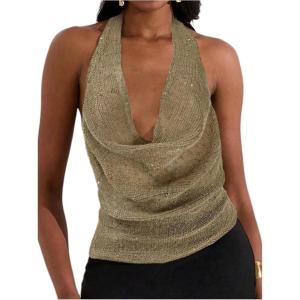 imageMakeMeChic Womens Going Out Tops Sexy Deep V Cowl Neck Blackless Sequin Halter TopOlive Green