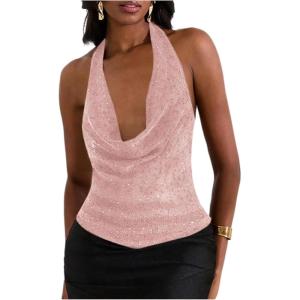 imageMakeMeChic Womens Going Out Tops Sexy Deep V Cowl Neck Blackless Sequin Halter TopPink