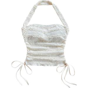 imageMakeMeChic Womens Halter Neck Drawstring Waist Sleeveless Summer Shirt Backless Crop TopsWhite