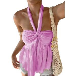 imageMakeMeChic Womens Halter Tops Ruched Backless Ruffle Hem Shirred Going Out Tank TopHot Pink