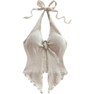 imageMakeMeChic Womens Halter Tops Slit Twist Front Backless Cute Summer Tank TopBuckle Beige