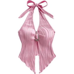 imageMakeMeChic Womens Halter Tops Slit Twist Front Backless Cute Summer Tank TopBuckle Pink