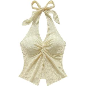 imageMakeMeChic Womens Halter Tops Slit Twist Front Backless Cute Summer Tank TopLight Yellow