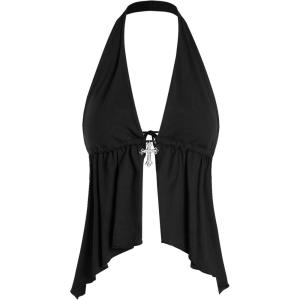 imageMakeMeChic Womens Halter Tops Y2k Going Out Cheetah Print TopBlack Solid