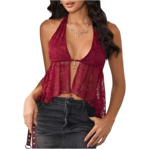 imageMakeMeChic Womens Halter Tops Y2k Going Out Cheetah Print TopBurgundy Lace