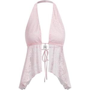 imageMakeMeChic Womens Halter Tops Y2k Going Out Cheetah Print TopPink Lace
