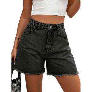 imageMakeMeChic Womens High Waist Jean Shorts Casual Raw Hem Straight Leg Summer Denim ShortsBlack