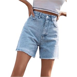imageMakeMeChic Womens High Waist Jean Shorts Casual Raw Hem Straight Leg Summer Denim ShortsBlue B
