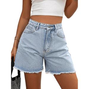 imageMakeMeChic Womens High Waist Jean Shorts Casual Raw Hem Straight Leg Summer Denim ShortsLight Blue