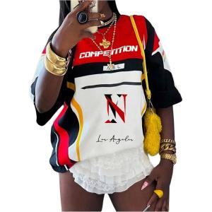 imageMakeMeChic Womens Jersey Shirts Number Graphic Oversized Y2K Tee TopsPlus Red White