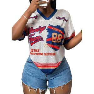 imageMakeMeChic Womens Jersey Shirts Number Graphic Oversized Y2K Tee TopsWhite Blue
