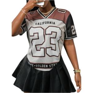 imageMakeMeChic Womens Jersey Shirts Number Graphic Oversized Y2K Tee TopsWhite Brown