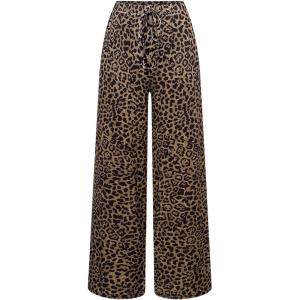 imageMakeMeChic Womens Leopard Print Pants Elastic Waist Wide Leg Straight Loose Long Trousers with PocketMulticolor