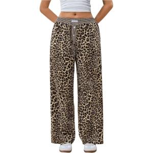 imageMakeMeChic Womens Leopard Print Wide Leg Pants Elastic Waist Button Front Y2K TrousersBrown