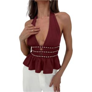 imageMakeMeChic Womens Metal Halter Tops Open Back Ruffle Hem Sleeveless Tank ClubwearBurgundy