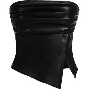imageMakeMeChic Womens PU Leather Strapless Tube Top Ruched Split Bandeau Crop Tops ClubwearBlack