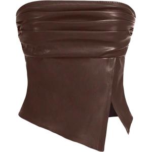 imageMakeMeChic Womens PU Leather Strapless Tube Top Ruched Split Bandeau Crop Tops ClubwearCoffee Brown