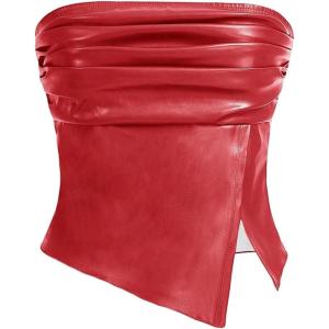 imageMakeMeChic Womens PU Leather Strapless Tube Top Ruched Split Bandeau Crop Tops ClubwearRed