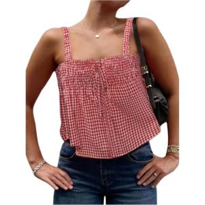 imageMakeMeChic Womens Plaid Gingham Bow Camisole Top Sleeveless Ruffle Smocked Going Out Crop TopsRed
