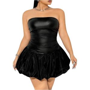 imageMakeMeChic Womens Plus Size Bandeau Neck Mini Dress High Waist Slim Fit Flared DressesBlack B