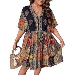 imageMakeMeChic Womens Plus Size Boho Dress Half Sleeve Flowy Sundress V Neck Summer Short DressesMulticolor