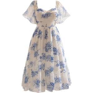 imageMakeMeChic Womens Plus Size Dress Floral Square Neck Short Sleeve A Line Shirred Boho Maxi DressesBlue and White