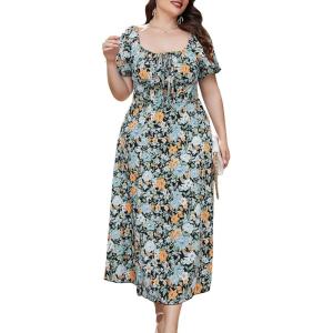 imageMakeMeChic Womens Plus Size Floral Print Puff Sleeve Square Neck Tie Front High Waist A Line Split Long DressMulticolor