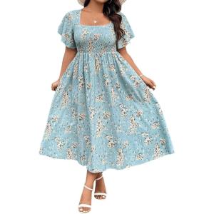 imageMakeMeChic Womens Plus Size Floral Print Short Sleeve Maxi Dress Square Neck Shirred High Waist Summer A Line DressBaby Blue