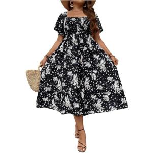 imageMakeMeChic Womens Plus Size Floral Print Short Sleeve Maxi Dress Square Neck Shirred High Waist Summer A Line DressBlack