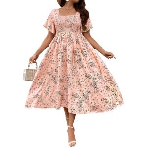 imageMakeMeChic Womens Plus Size Floral Print Short Sleeve Maxi Dress Square Neck Shirred High Waist Summer A Line DressPink