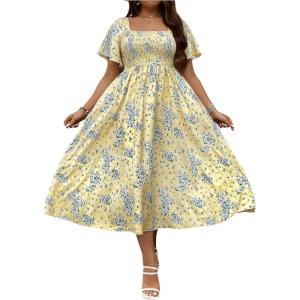 imageMakeMeChic Womens Plus Size Floral Print Short Sleeve Maxi Dress Square Neck Shirred High Waist Summer A Line DressYellow