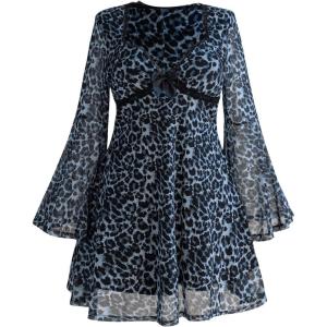 imageMakeMeChic Womens Plus Size Lace Leopard Print Dress Bell Sleeve Bow Front Dress Mini Party DressesBlue