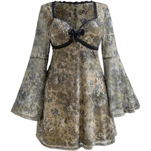 imageMakeMeChic Womens Plus Size Lace Leopard Print Dress Bell Sleeve Bow Front Dress Mini Party DressesFloral Multi