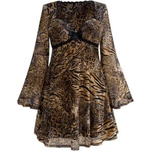 imageMakeMeChic Womens Plus Size Lace Leopard Print Dress Bell Sleeve Bow Front Dress Mini Party DressesMulticolor B