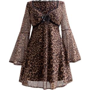 imageMakeMeChic Womens Plus Size Lace Leopard Print Dress Bell Sleeve Bow Front Dress Mini Party DressesMulticolor a