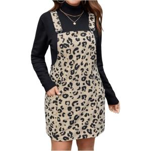 imageMakeMeChic Womens Plus Size Leopard Print Pinafore Overall Dress Adjustable Strap Suspender SkirtApricot